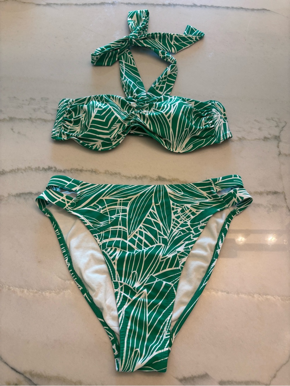 Tabitha Brown Green Tropical Print Mid Rise cutout halter bikini set Sz L Beach